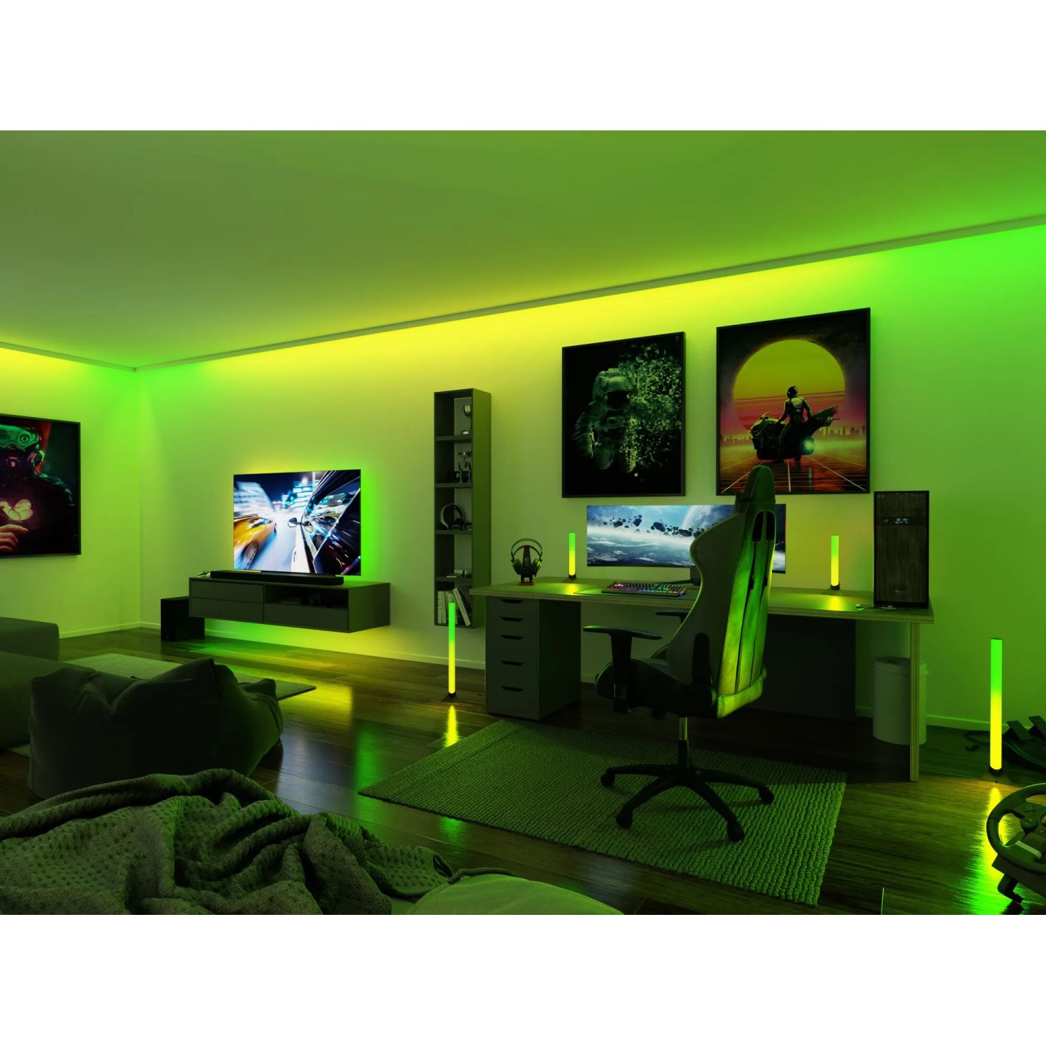 Paulmann EntertainLED Lichtsäulen im Gaming-Zimmer mit Farbwechsel für indirekte Beleuchtung.