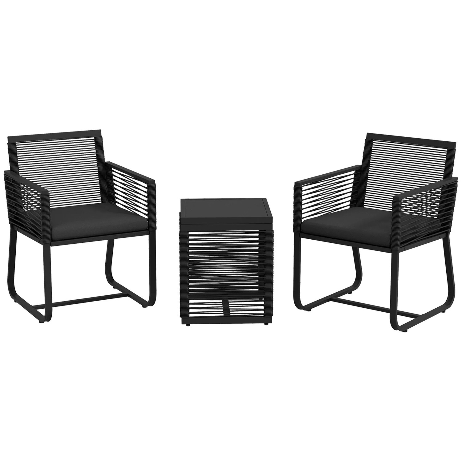 Outsunny Gartenlounge-Set Rattan Gartenmöbel-Set, 2 Gartenstühle, Beistelltisch, (Sitzgarnitur, 3-tlg., Gartengarnitur), mit Tischplatte aus Hartglas, Kissen, für Balkon, Schwarz