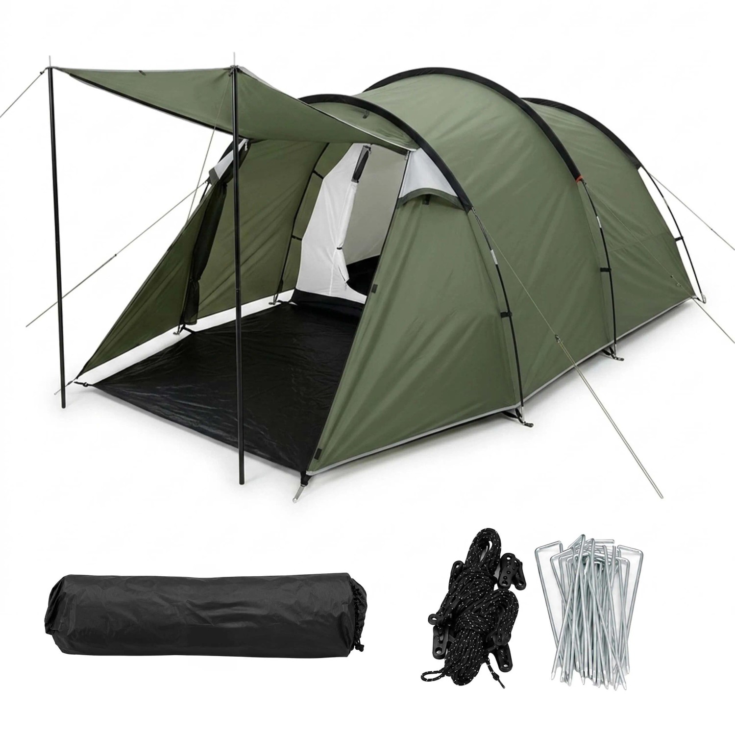 Relaxdays Tunnelzelt Polyester Grün Schwarz 2 Kammern Vorzelt Wasserdicht 150 cm x 420 cm x 200 cm 6,3 kg