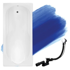 Weiße Rechteck-Badewanne BONA 160x70 aus Acryl mit automatischem Ablauf und Siphon. Modernes Design für Ihr Bad.