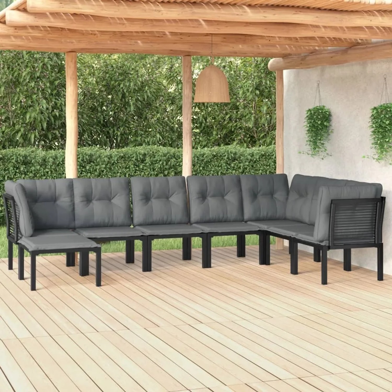 vidaXL Garten-Lounge-Set, 8-teilig, schwarz/grau, Poly Rattan. Gartenmöbel mit Eck- und Mittelstühlen, Fußbänken und Kissen.