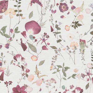 PROFHOME Vliestapete mit Blumenmuster in Weiß, Violett, Rosa und Grün.