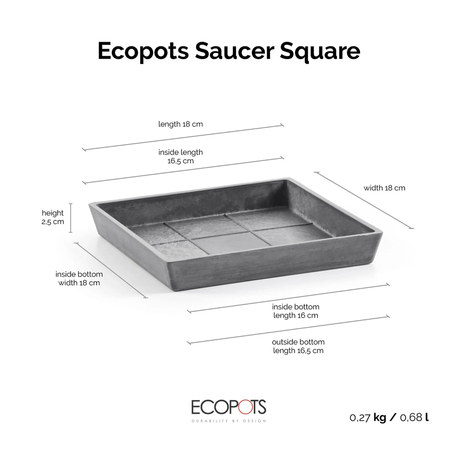 Ecopots Untersetzer Rotterdam, quadratisch, grau, 18x18 cm. Ideal für Innen- und Außenbereich.