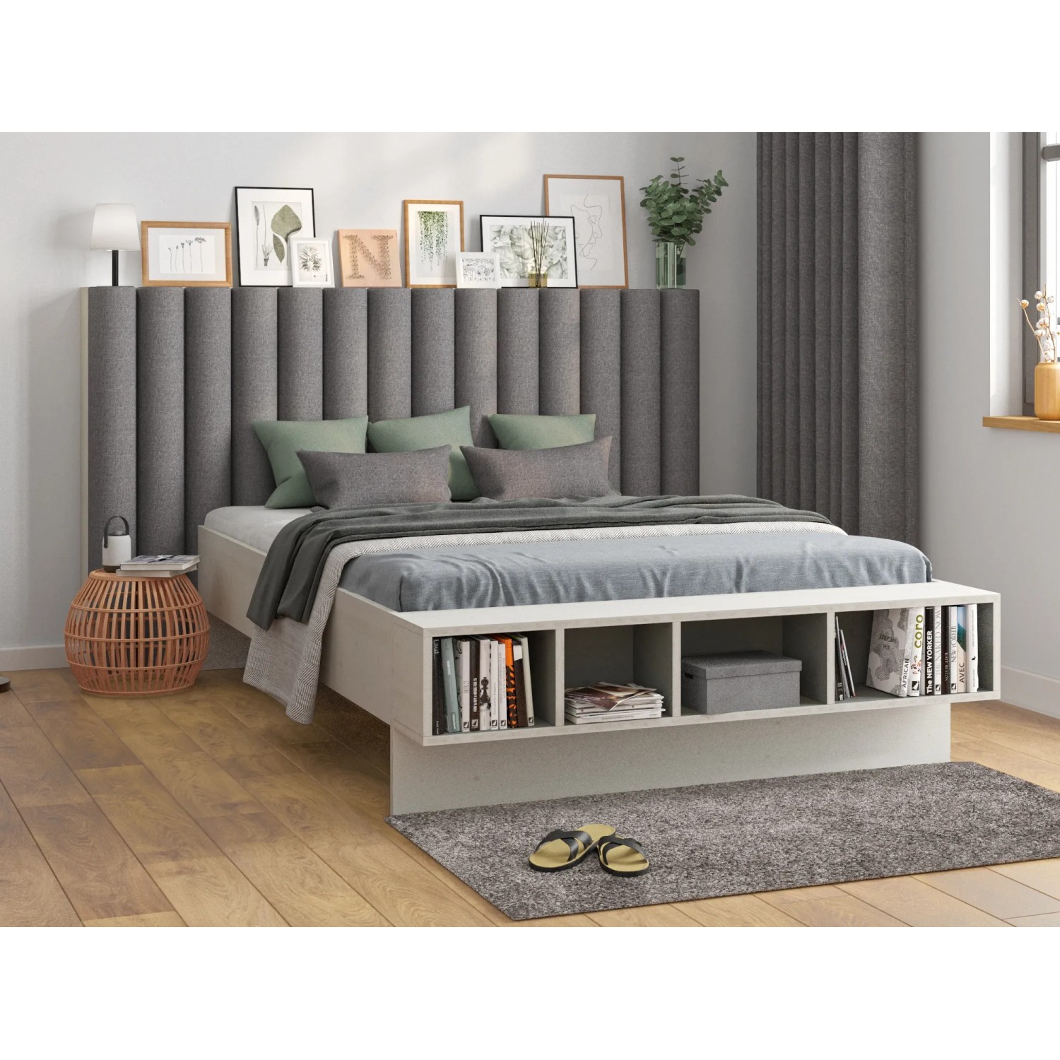 Bett mit dunkelgrauem Wandkissen Rechteck 15x60 cm Struktur als Kopfteil. Dekor-Paneel für Schlafzimmer.