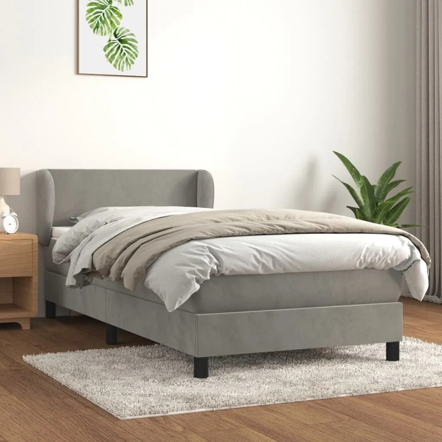 Hellgraues vidaXL Boxspringbett 90x200 cm mit Samtbezug, inklusive Matratze und Topper.
