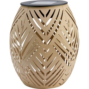 Sandfarbene Solar-Tischleuchte mit Blattmuster, Ø 12,5 cm, Höhe 15 cm. Dekorative Gartenleuchte.