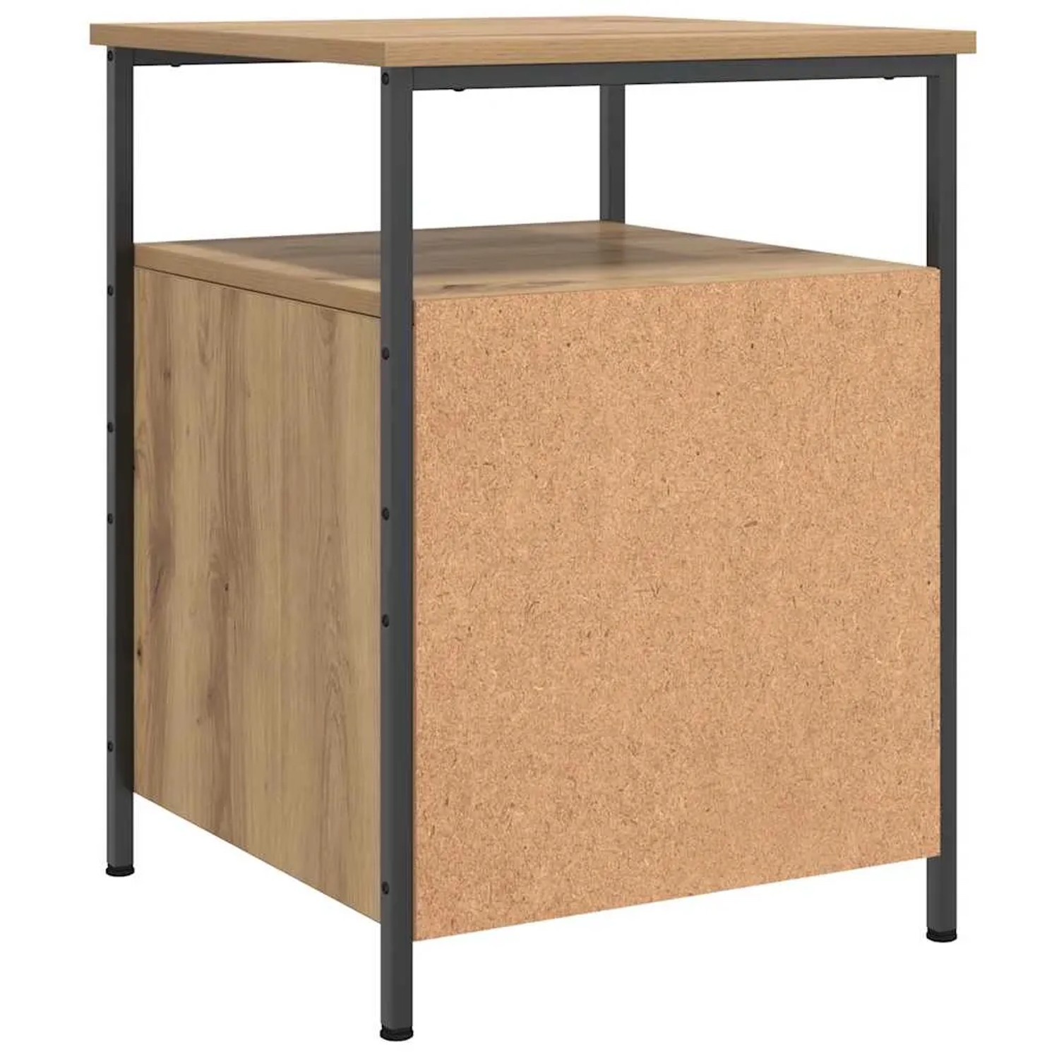 vidaXL Nachttisch Artisan-Eiche mit schwarzem Metallgestell. Rückseite aus roher Holzwerkstoffplatte. Modern.