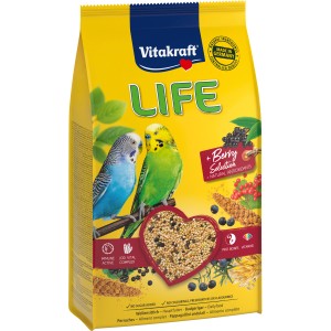 Vitakraft Life Berry Vogelfutter, 800g Packung mit Wellensittichen und Beeren.