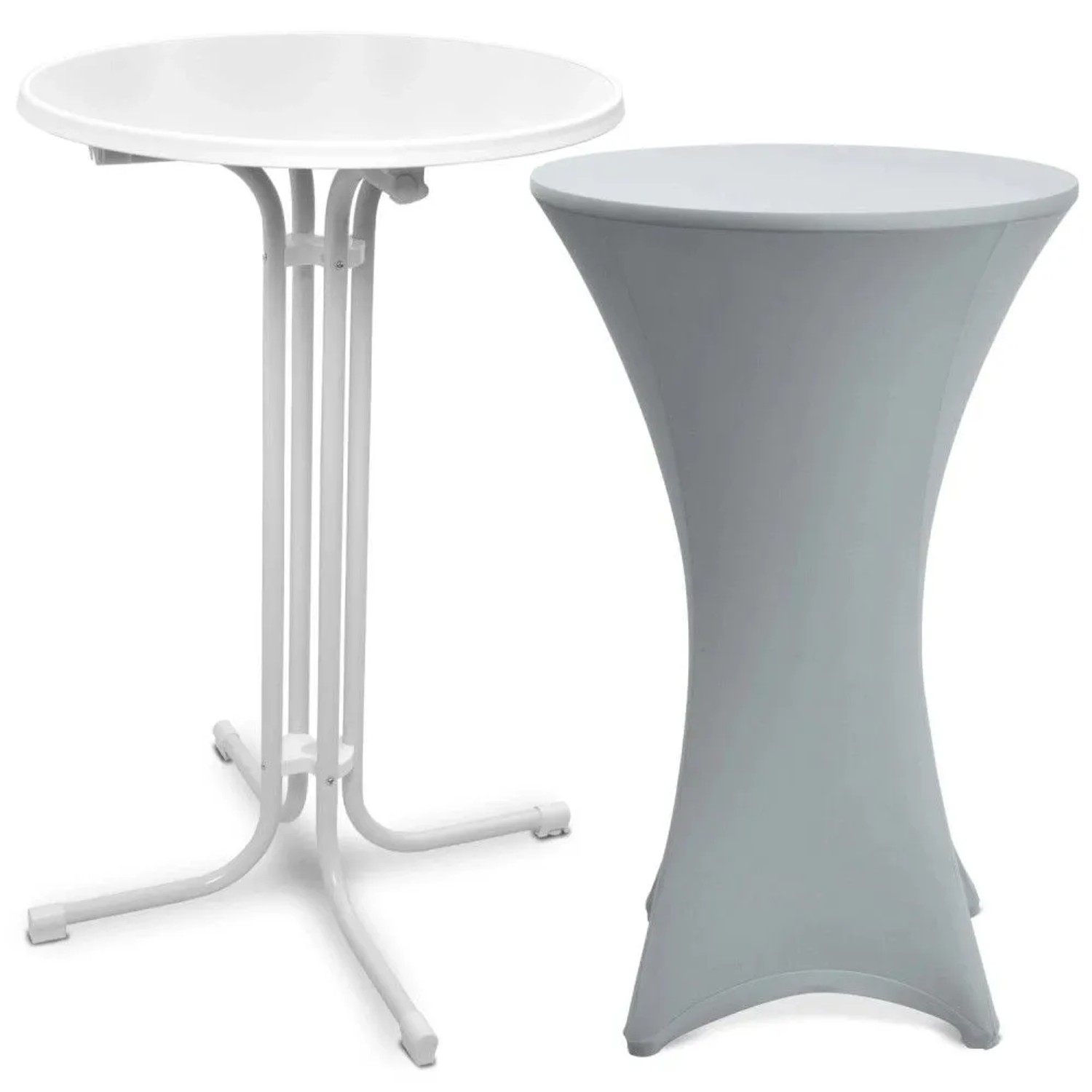 Beautissu Bellini Stehtisch Ø 70cm Weiß mit Stella Stehtischhusse Ø 70cm Silber