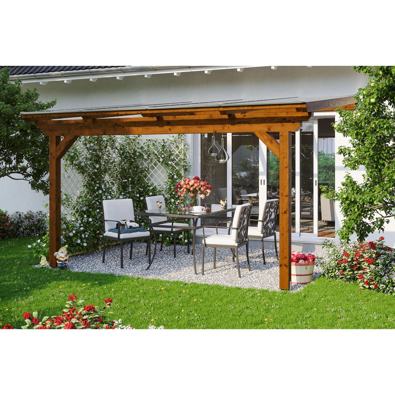 Skan Holz Terrassenüberdachung Ancona 434 x 400 cm Leimholz Nussbaum