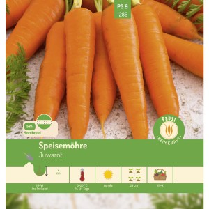 Orangefarbene Speisemöhren Juwarot als Saatband, ideal für den Gemüseanbau im Garten.