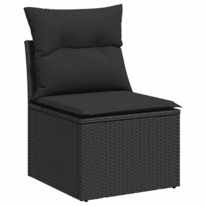 Schwarzes vidaXL Gartensofa-Element aus Polyrattan mit Kissen, Teil einer modularen Gartenmöbel-Garnitur.