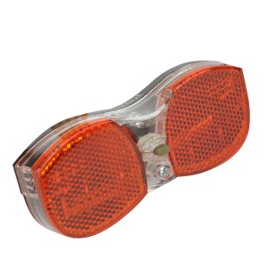 Fischer LED-Batterie Rücklicht für Gepäckträger, orangefarbene Reflektoren in klarer Kunststofffassung.