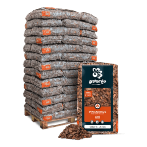 Palette Galamio Pinien Rindenmulch, 39 Säcke à 60l, mittlere Körnung 15-25mm, rotbraun. Ideal für Garten & Beet.