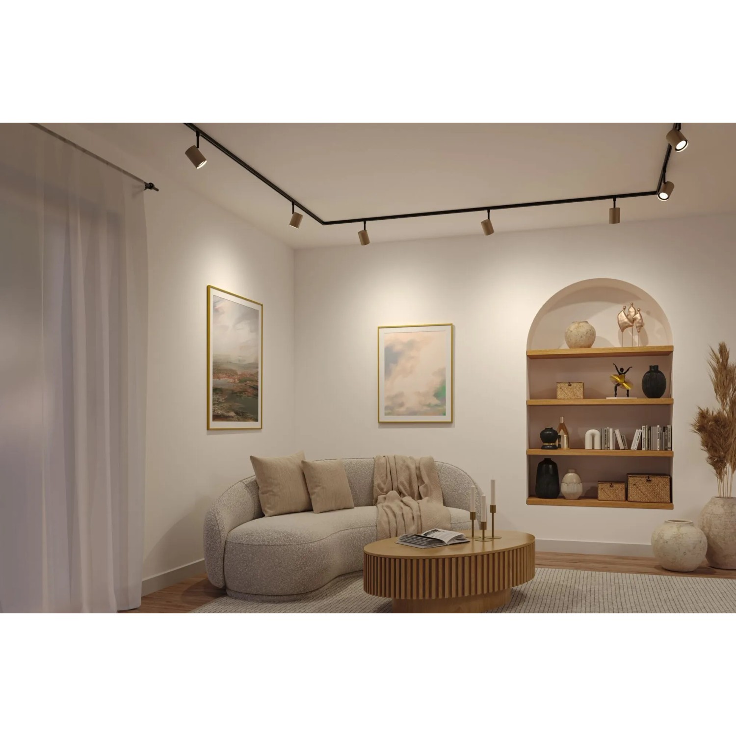 Paulmann URail Schienenspot Luxe gold/schwarz im modernen Wohnzimmer. LED-Schienensystem mit gerichtetem Licht.