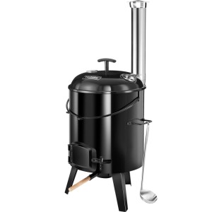 Schwarze Tectake Gulaschkanone Rocket aus Stahl mit Kamin, Feuerklappe und Schöpfkelle. Vielseitig zum Kochen & Grillen.