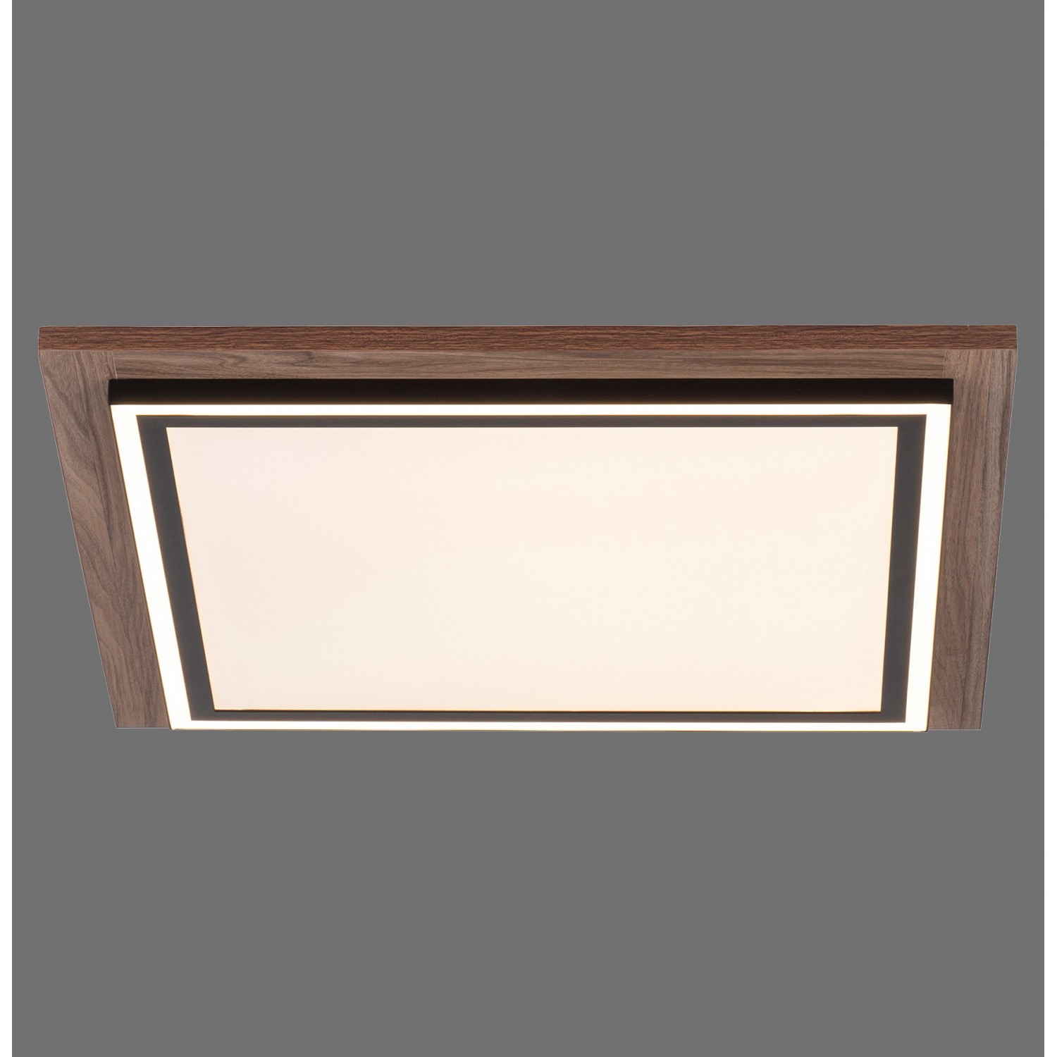 Quadratisches Paul Neuhaus LED-Panel Palma mit Holzdekor, dimmbar und mit einstellbarer Lichtfarbe.