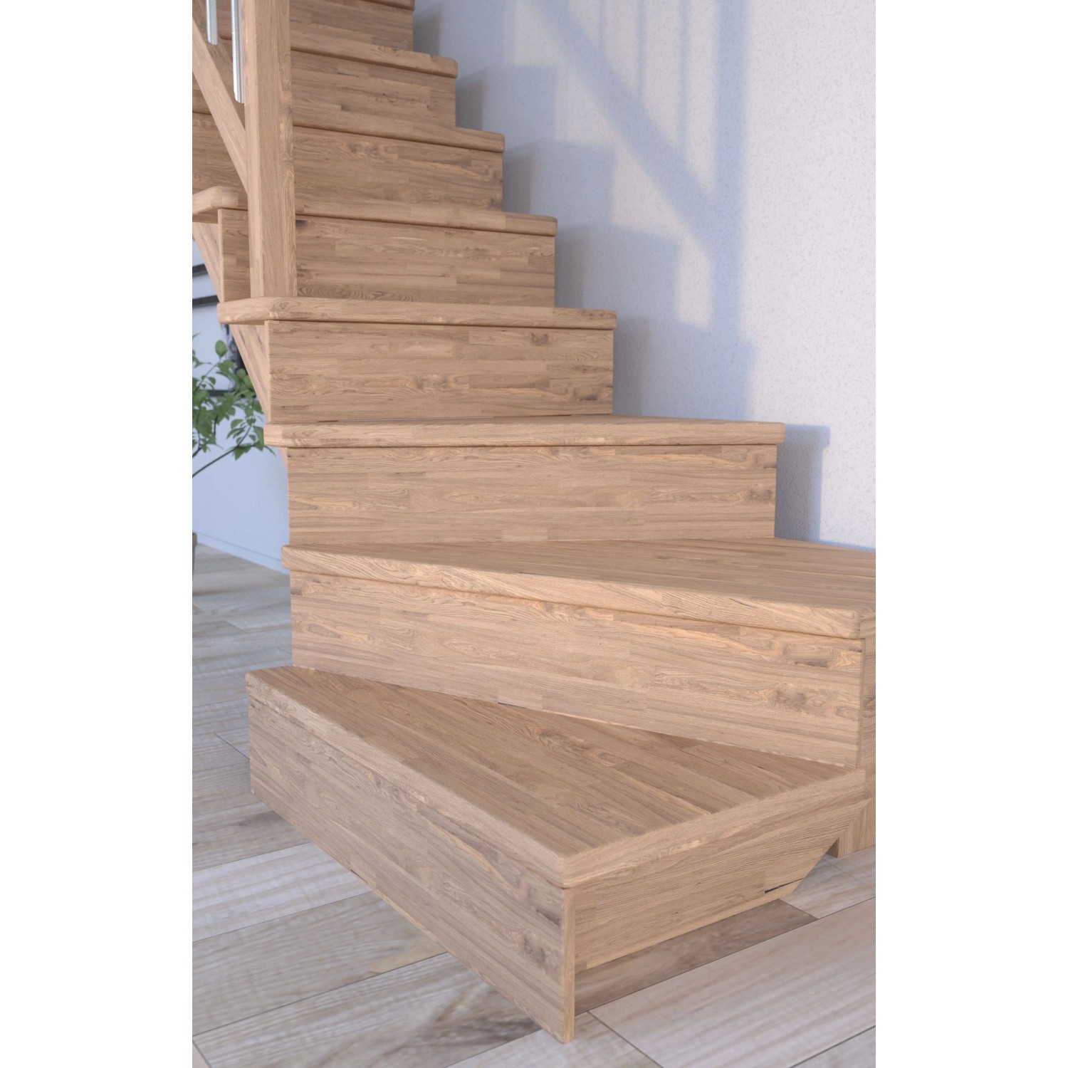 Detailaufnahme einer gewendelten Treppe Lindos aus Eiche mit Setzstufen und Holz-Edelstahl-Geländer.