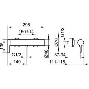 Technische Zeichnung Keuco Einhebel-Brausemischer Edition 400 Chrom, Maße und Anschlüsse für Installation.