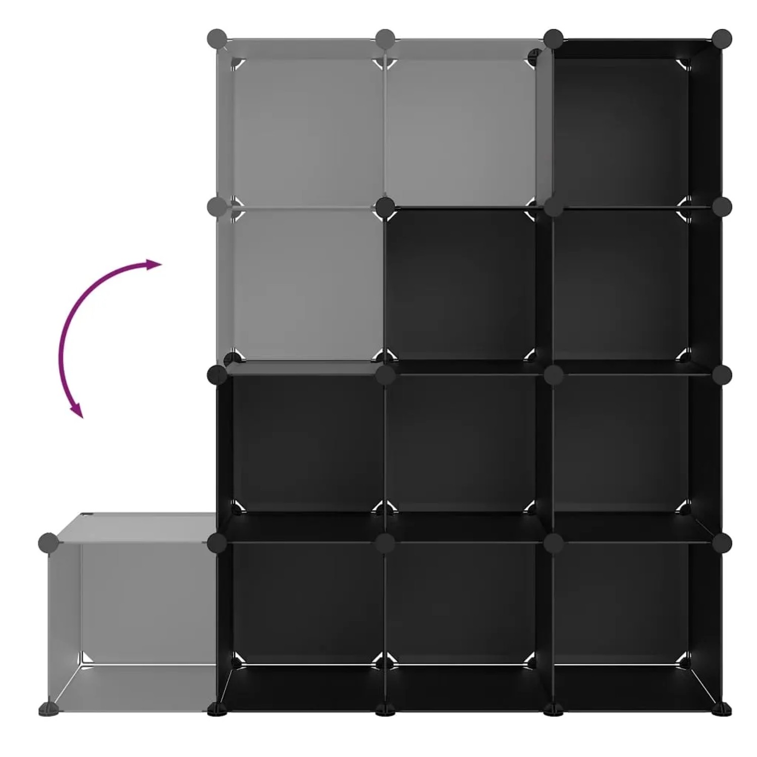 Schwarzes vidaXL Regalsystem mit 12 Würfeln aus PP-Kunststoff, flexibel aufbaubar.