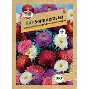 Samenpackung Sperli Bio Sommeraster Mischung mit farbenfrohen Asternblüten.
