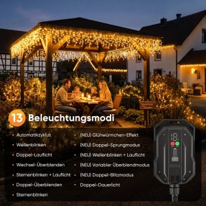 Salcar Solar Eiszapfen-Lichterkette warmweiß an Pergola, Familie im Garten. 13 Leuchtmodi, USB, Fernbedienung. Weihnachtsbeleuchtung.