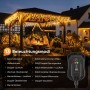 Salcar Solar Eiszapfen-Lichterkette warmweiß an Pergola, Familie im Garten. 13 Leuchtmodi, USB, Fernbedienung. Weihnachtsbeleuchtung.