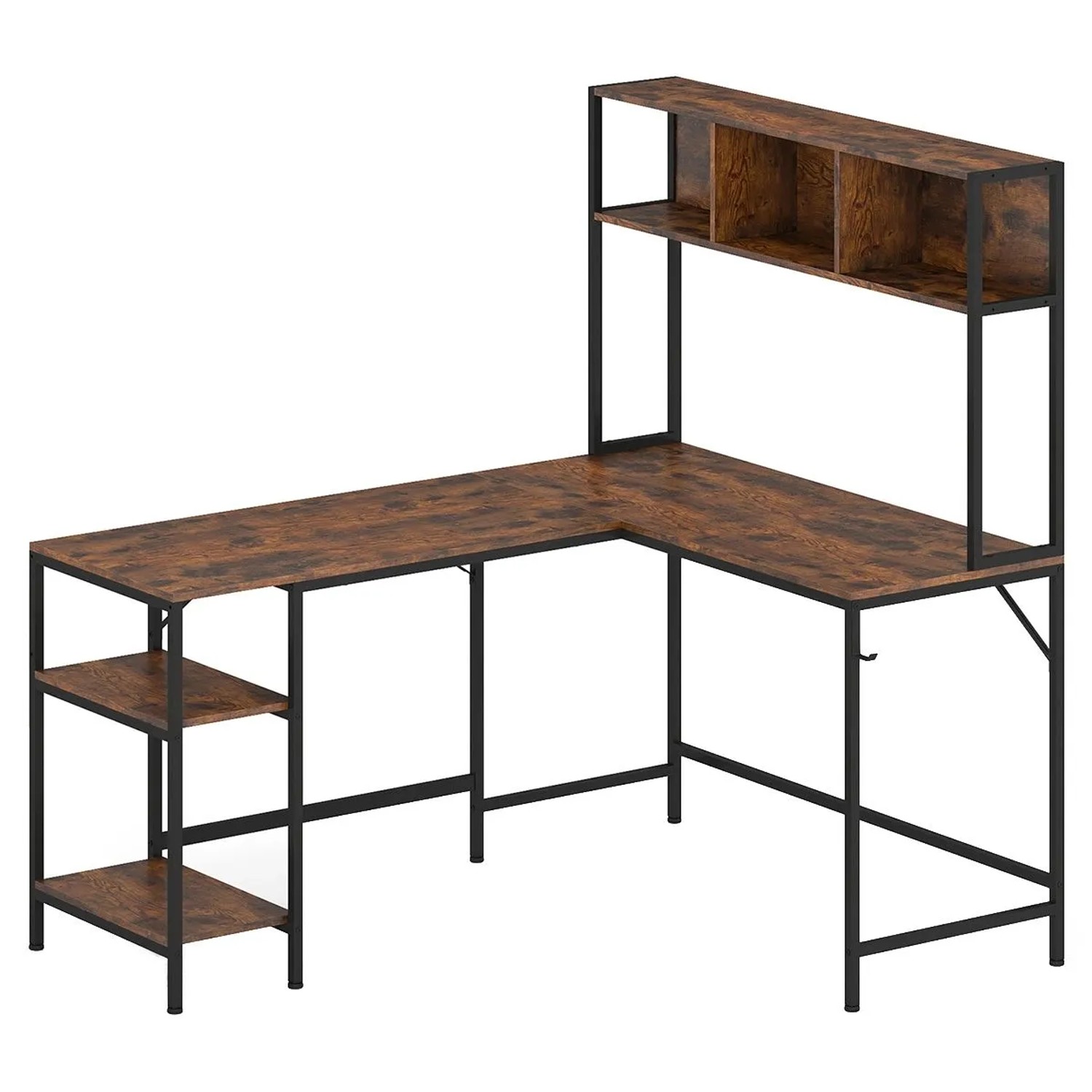 Costway L-Förmiger Schreibtisch 150 x 120 cm mit Bücherregal Braun