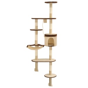 Beige-brauner Wandkratzbaum mit Sisalsäulen, 194 cm hoch, mit Liegeflächen und Katzenhaus.