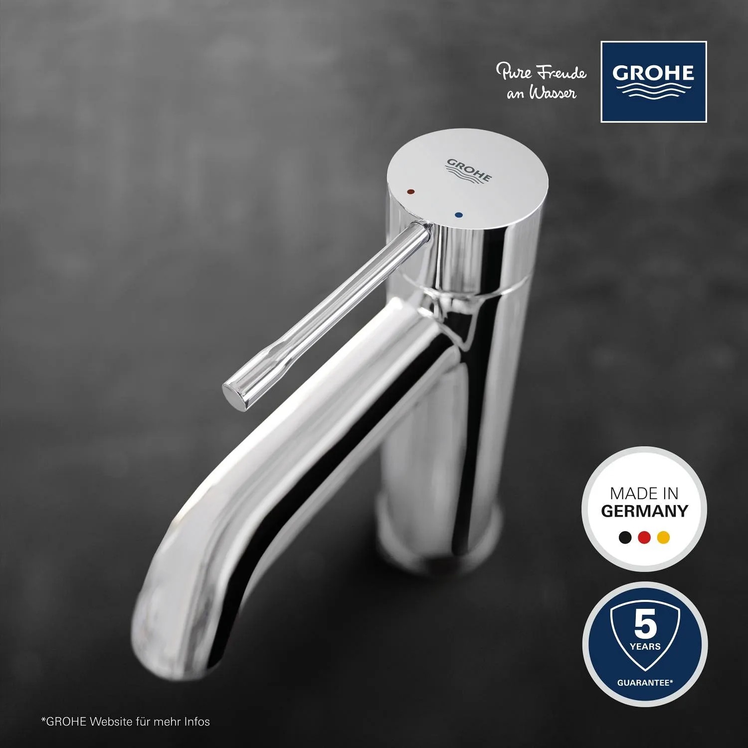 Grohe Essence Waschtischarmatur in Chrom, glatte Oberfläche.