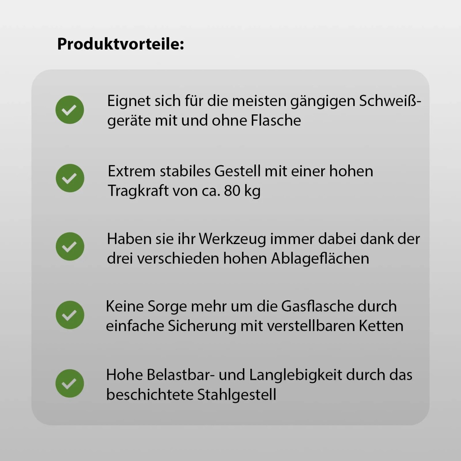 Vorteile des TRUTZHOLM Schweißwagens: Passend für Schweißgeräte, stabiles Gestell, Ablageflächen, Gasflaschen Sicherung.