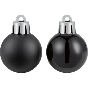 Christbaumkugel Set, 9 schwarze Kunststoffkugeln (Ø 3cm) mit silberfarbener Aufhängung.