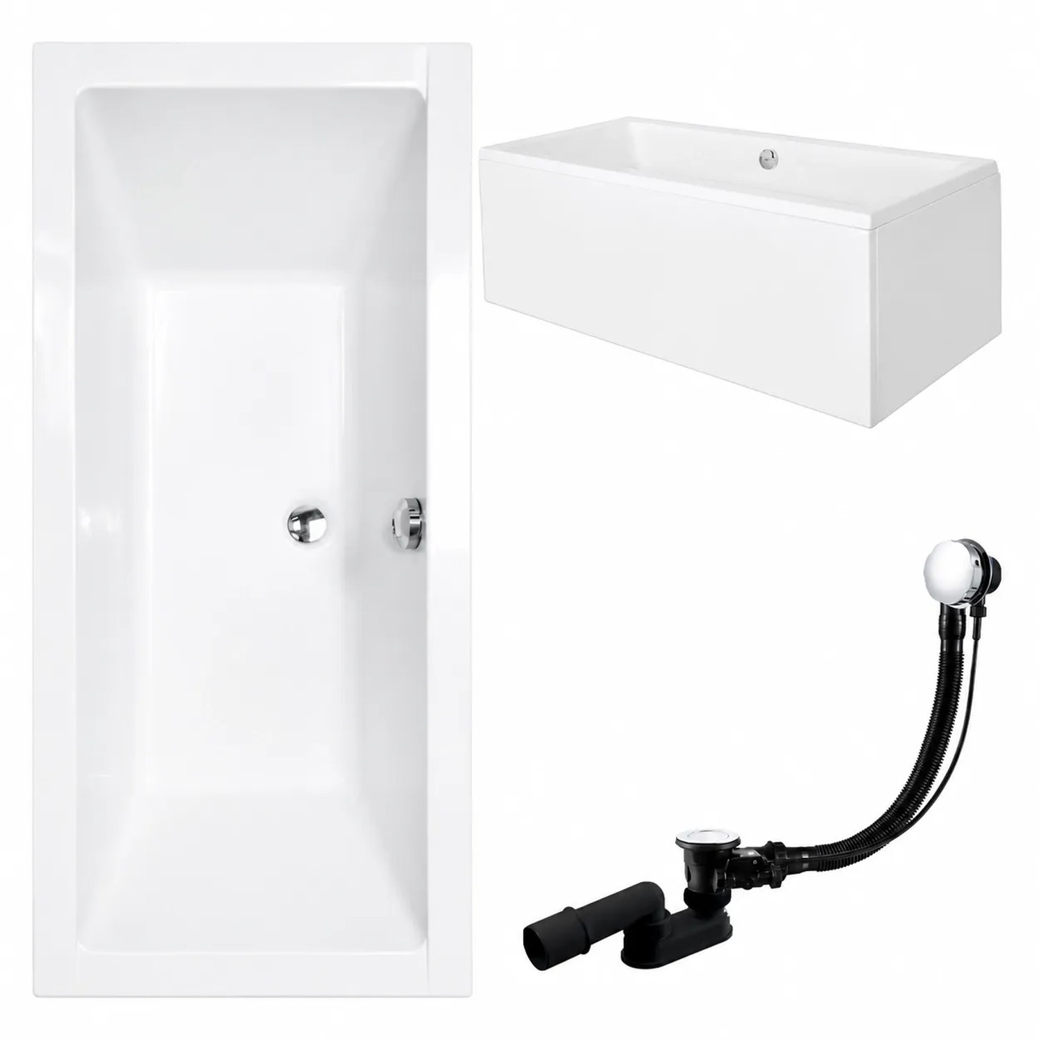 KOLMAN Badewanne Rechteck 155 x 70 Cm Mit Acrylschürze Mit Kopfstütze KODI Inkl. Ablauf Und Füße