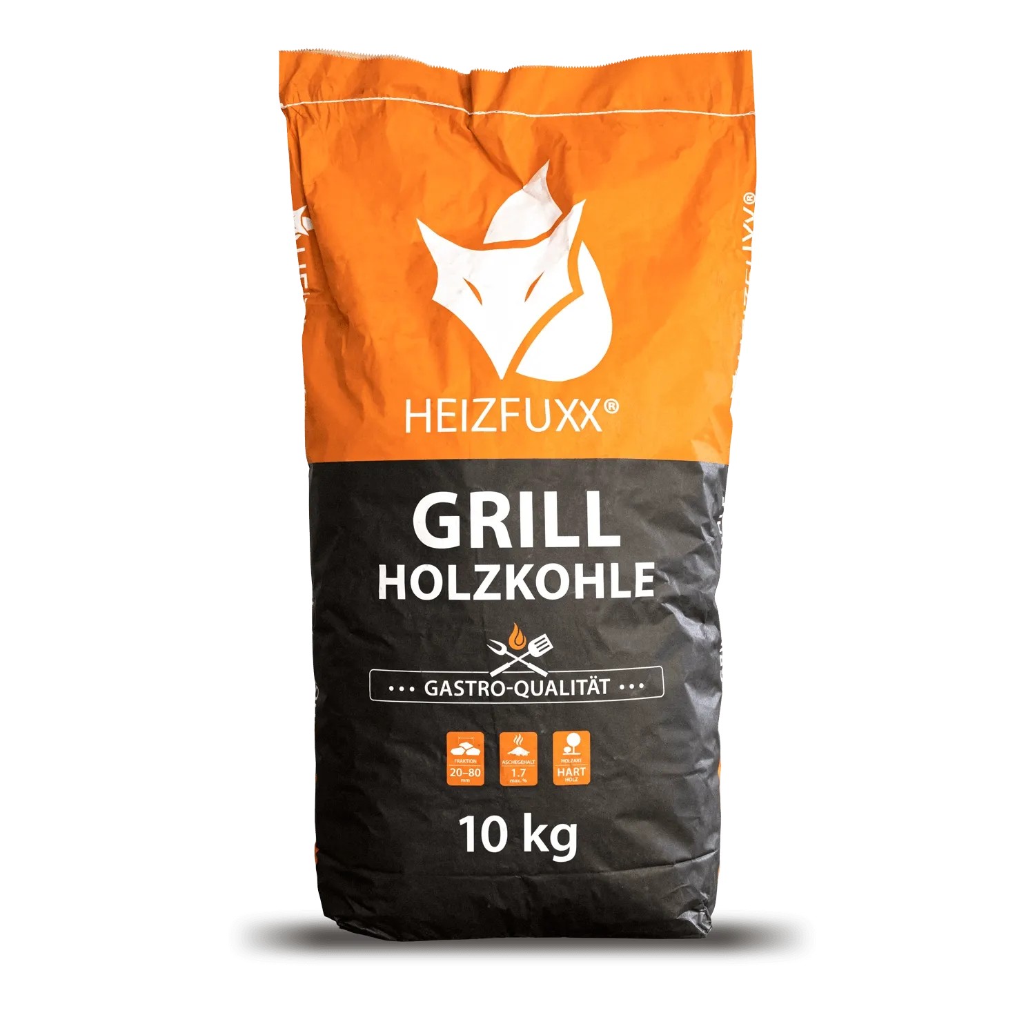 Heizfuxx Grillholzkohle Gastro-Qualität im orange-schwarzen 10kg Sack. Premium Hartholz-Brennstoff für Grills.
