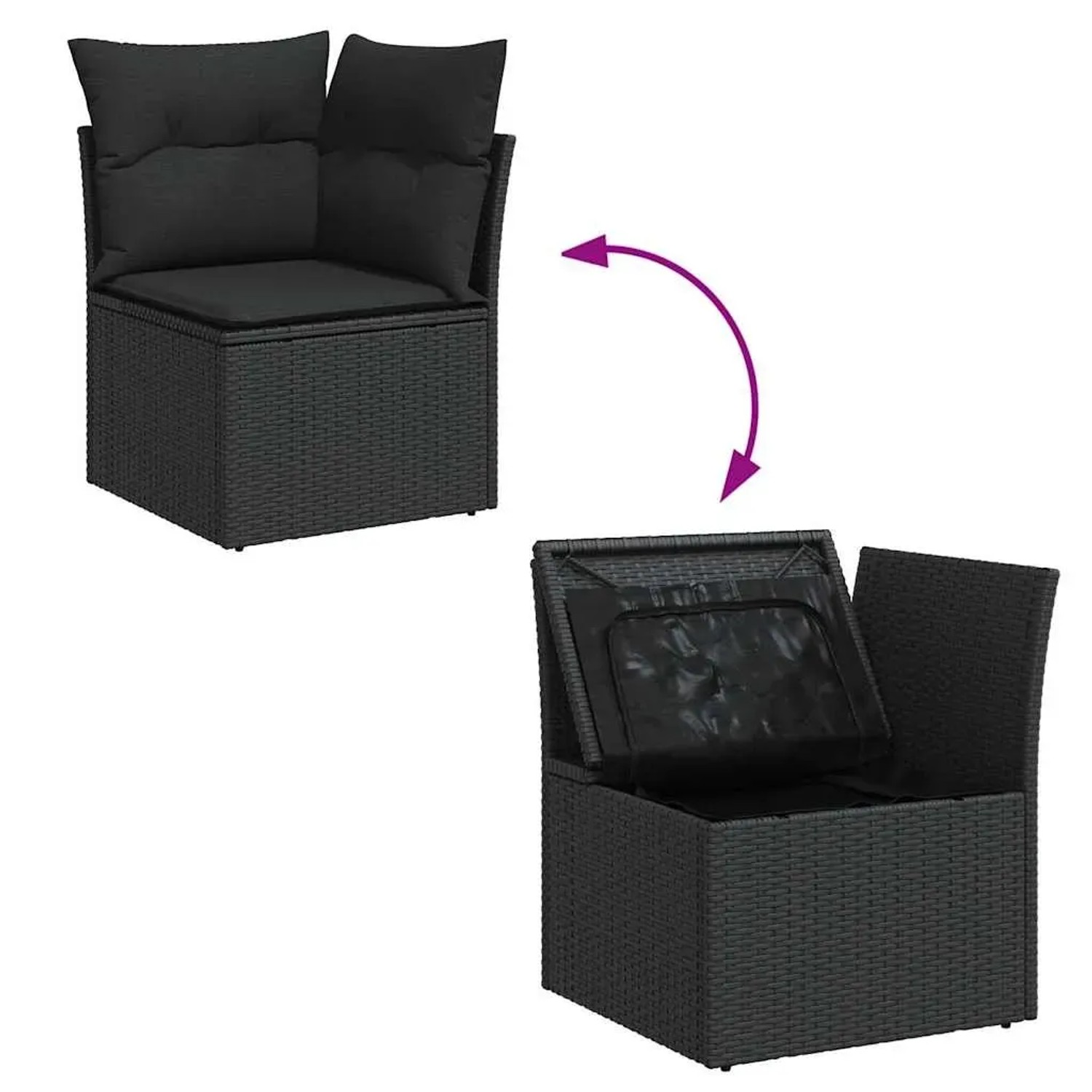 Schwarze vidaXL Garten-Sofagarnitur aus Rattan mit Kissen und Stauraum unter der Sitzfläche.