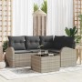 Hellgraues 5-teiliges Garten-Sofa-Set aus Poly Rattan mit Kissen und Tisch.
