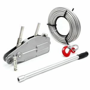 Wiltec Seilzug 800kg mit 20m Stahlseil, Handseilwinde, rotem Lasthaken und Bedienhebel.