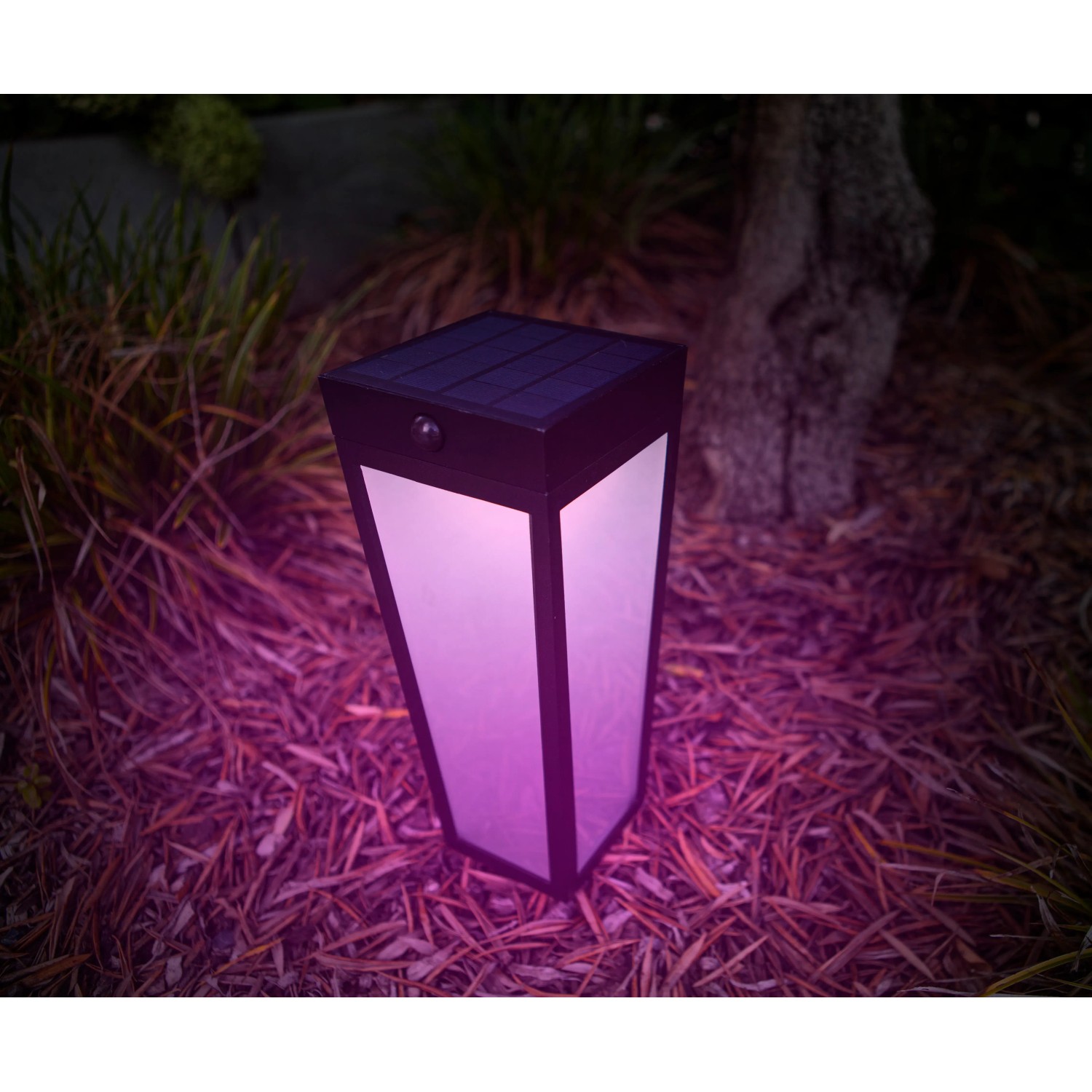 Moderne, mattschwarze Lutec LED Solar Wegeleuchte Dias mit Erdspieß. Kubische Form, stimmungsvolles Licht.