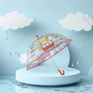 Transparenter Kinderregenschirm mit bunten Autos und rotem Haken. Perfekt für Jungen und Mädchen bei Regenwetter.
