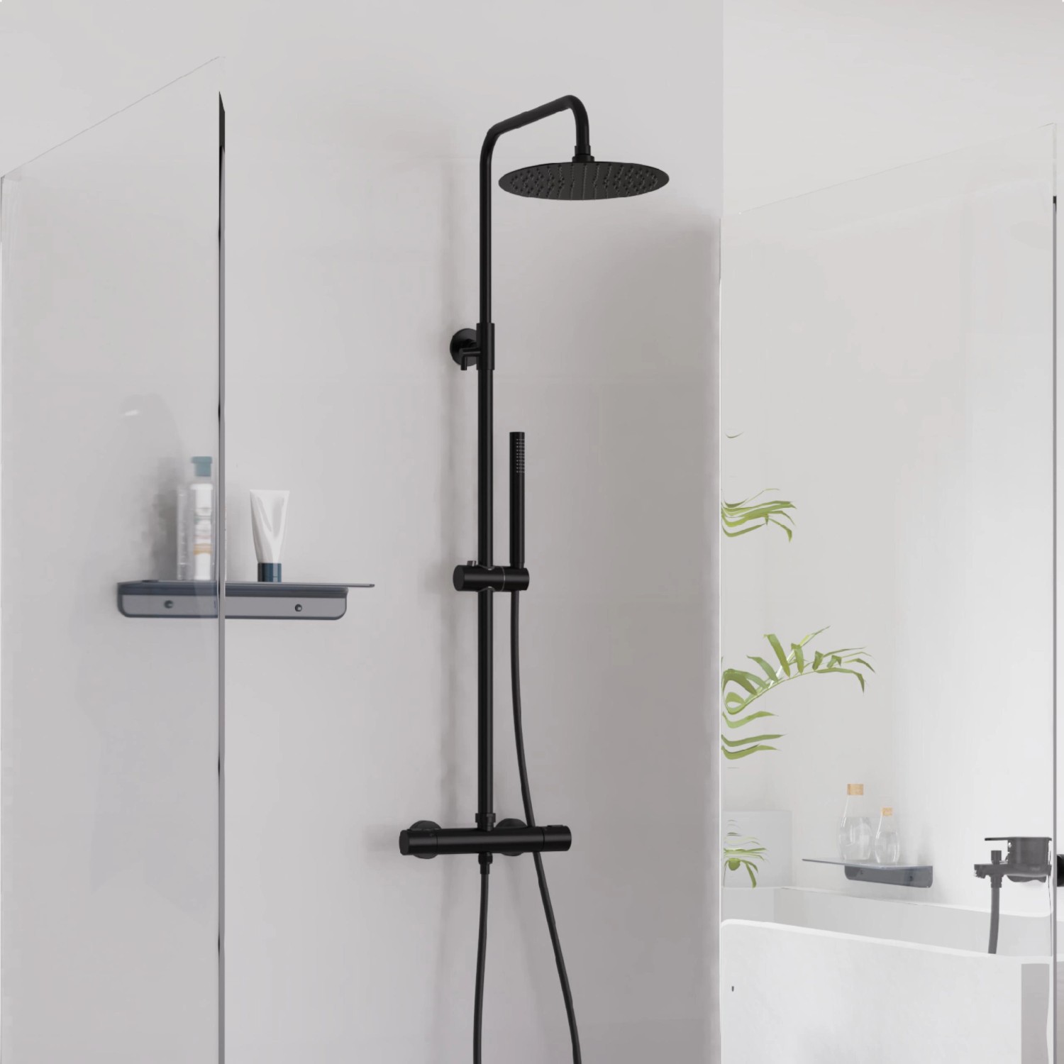 Schütte Aquaduct Überkopf-Brauseset mit Thermostat, Schwarz Matt. Regendusche und Handbrause.