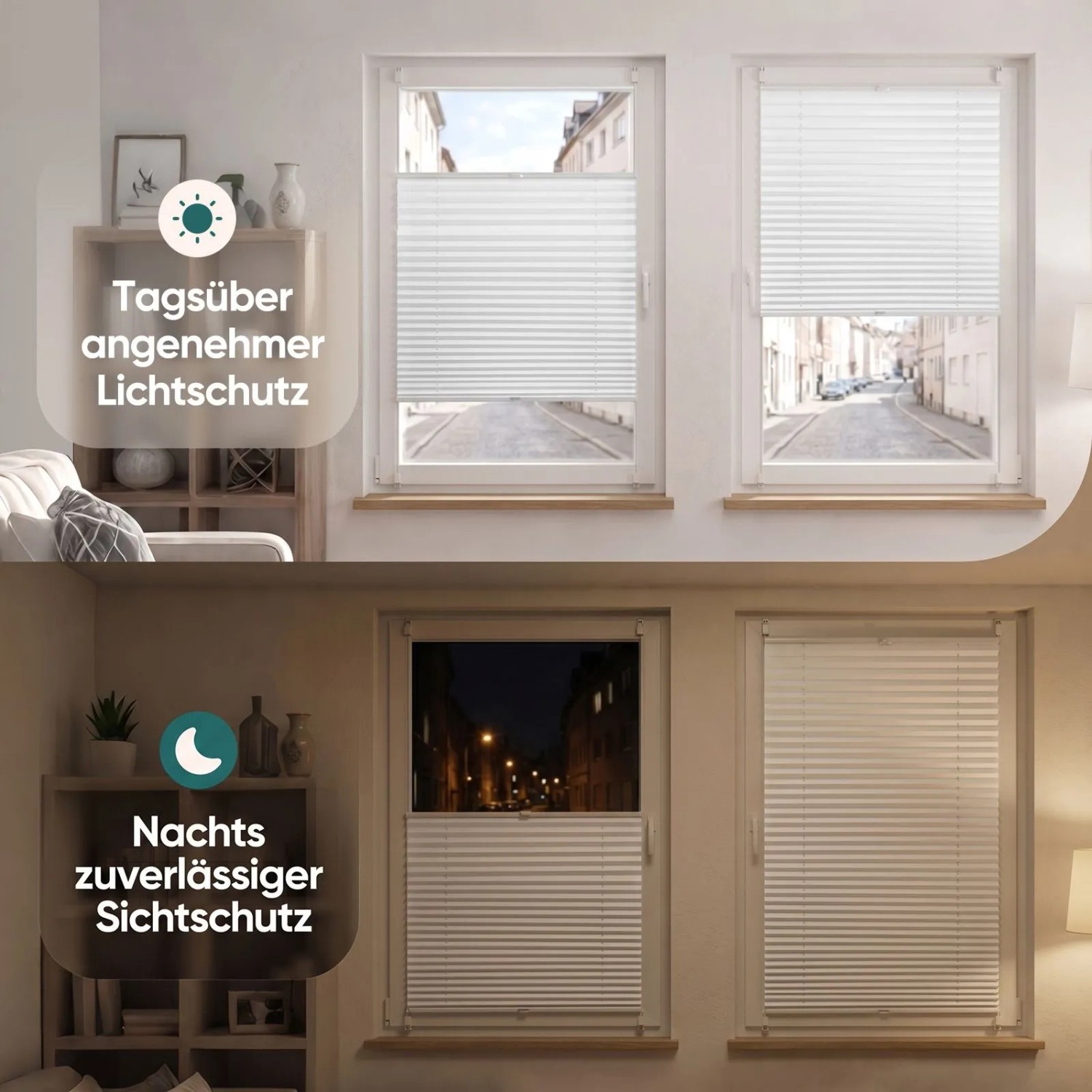 Weißes Sekey Verdunkelungsplissee am Fenster, zeigt Lichtschutz tagsüber und Sichtschutz nachts. Klemmfix ohne Bohren.