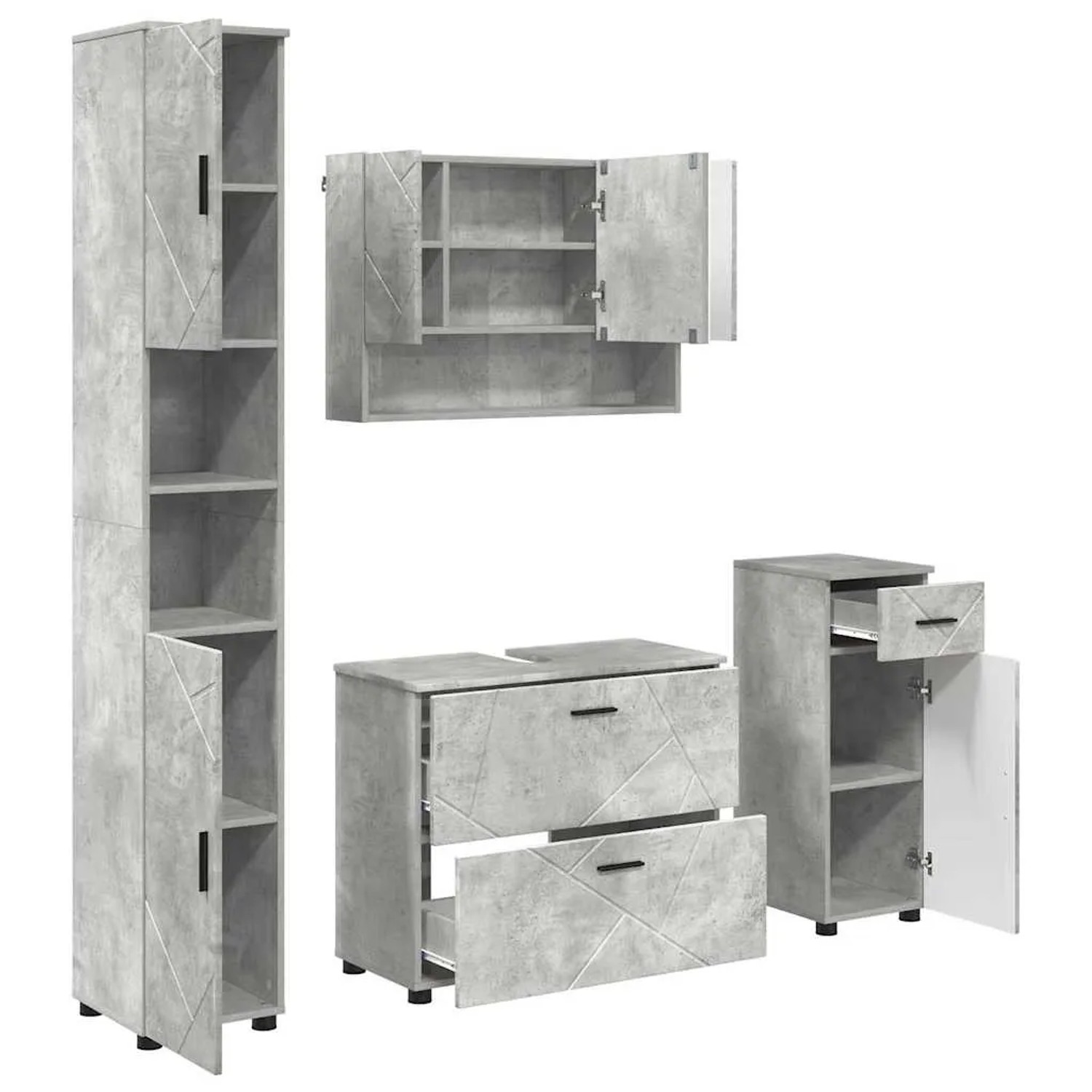 vidaXL Badezimmermöbel-Set 4-Tlg Betongrau Sperrholz und Metall 3393056