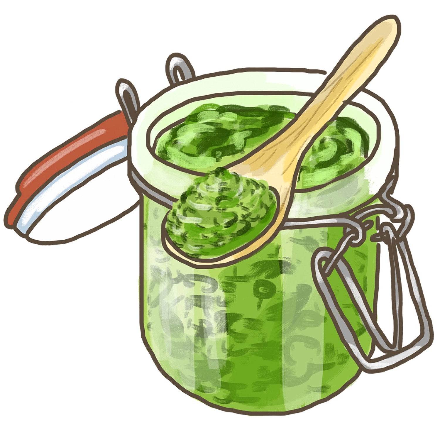 Illustration: Glas mit Blu Bio-Pesto Basilikum und Löffel. Kräuter für Pasta und Pizza.