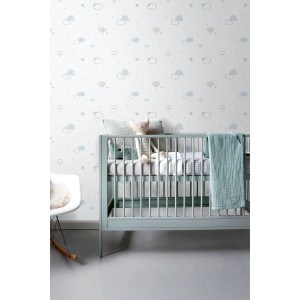 Sanders & Sanders Vliestapete mit hellblauen und weißen Wolken, Sternen und Regenbögen im Kinderzimmer.