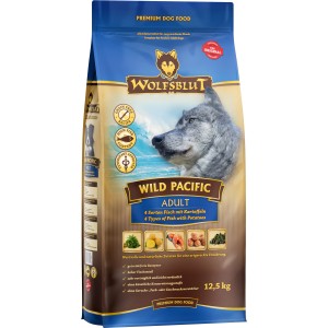Wolfsblut Wild Pacific Adult Trockenfutter, 12,5kg Sack mit Wolfsmotiv. Hunde-Trockenfutter mit Fisch.