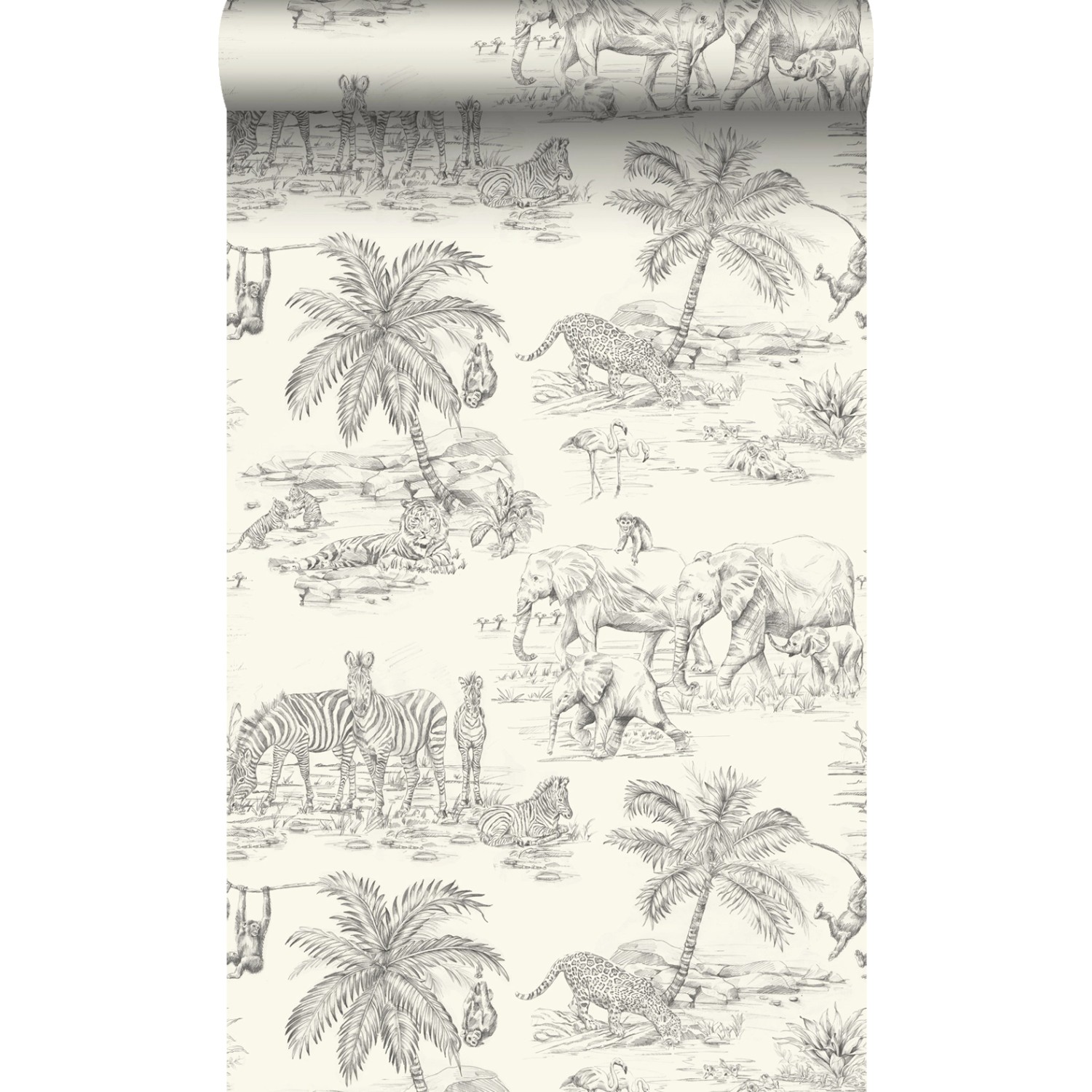 Origin Wallcoverings Tapete Dschungeltiere Elfenbeinweiß und Grau 53 cm x 1 günstig online kaufen
