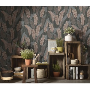 Erismann Vliestapete Melissa Arwen Anthrazit mit braunen und grauen Blättern.