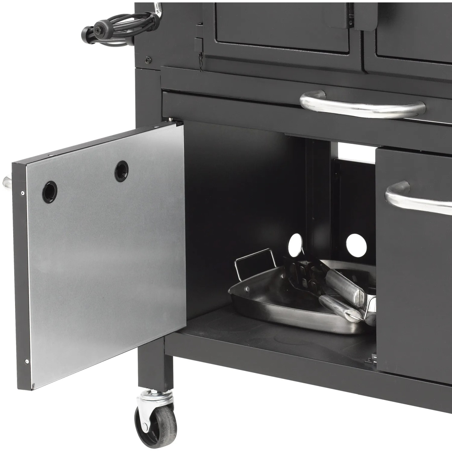 Detailaufnahme des El Fuego Holzkohlegrills Grand Ontario mit geöffnetem Unterschrank.