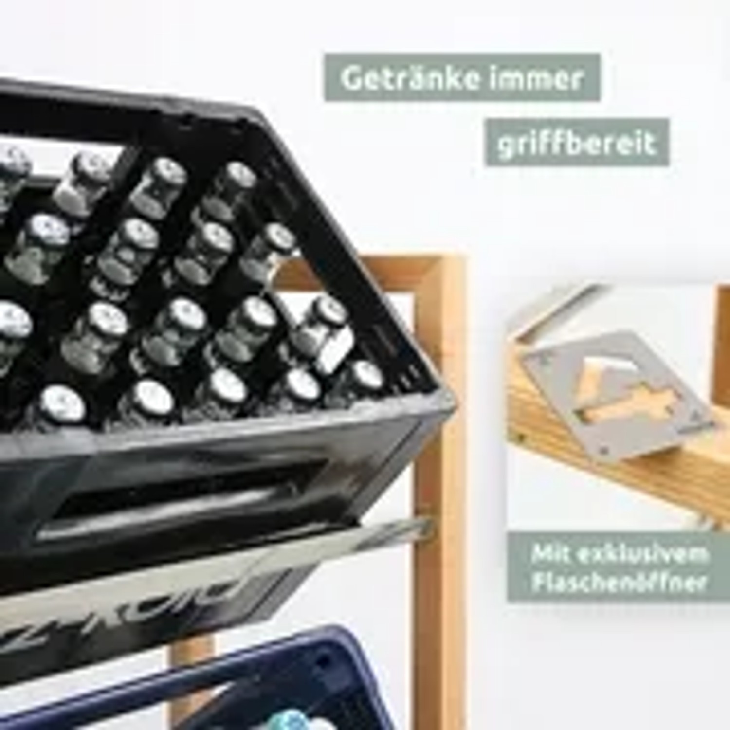 Holzfarbenes Getränkekistenregal mit zwei Kisten und Edelstahlablage. Inklusive Flaschenöffner.