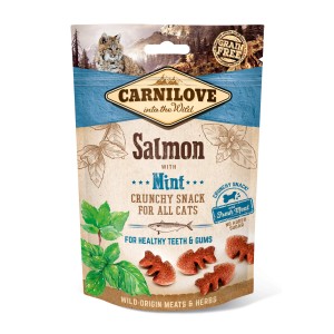 Carnilove Katzenleckerli Salmon, 50g Packung mit Lachs und Minze.